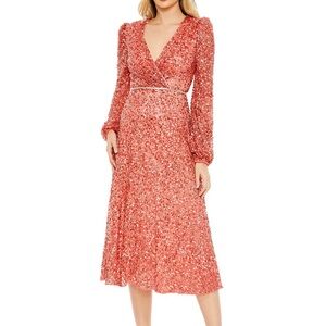 NWT Mac Duggal Coral Sequin V-Neck Midi Dress